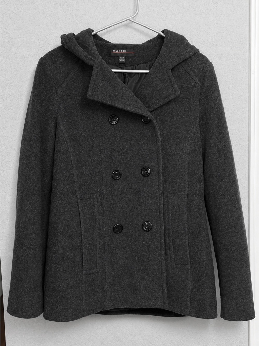 NWOT Jason Kole Black Hooded Pea Coat Wool Blend Double Breasted Womens Medium